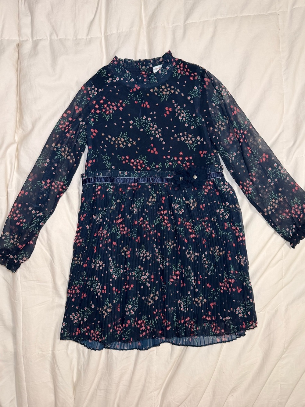 Navy Floral Pleated Long-Sleeve Girls' Dress